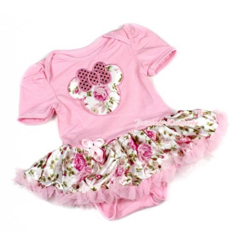 Light Pink Baby Bodysuit Jumpsuit Light Pink Rose Fusion Pettiskirt with Sparkle Light Pink Rose Minnie Print JS1420 