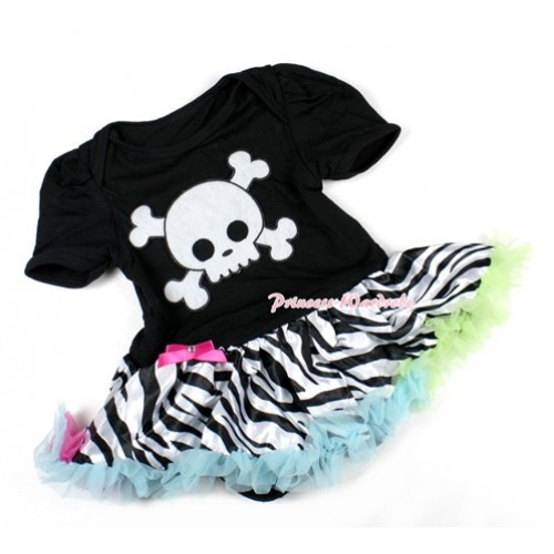 Halloween Black Baby Bodysuit Jumpsuit Rainbow Zebra Pettiskirt with White Skeleton Print JS1441 