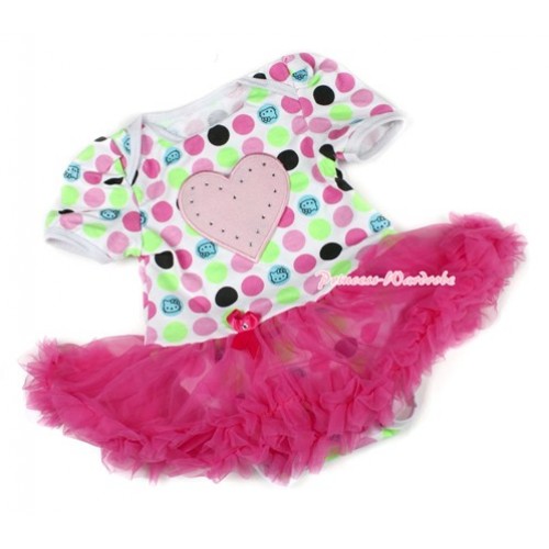 Rainbow Cat Polka Dots Baby Bodysuit Jumpsuit Hot Pink Pettiskirt with Light Pink Heart Print JS1448 