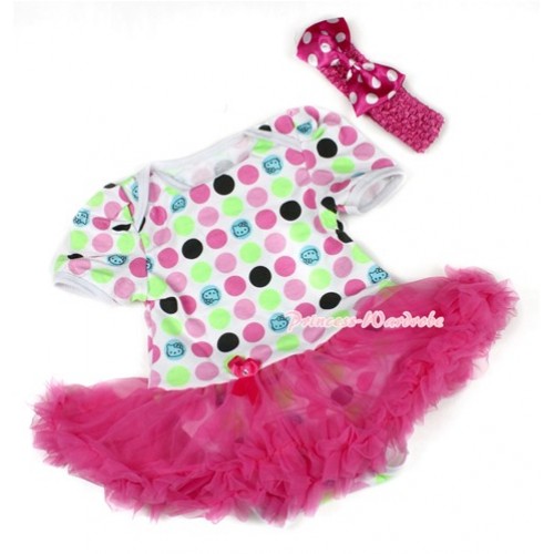 Rainbow Cat Polka Dots Baby Bodysuit Jumpsuit Hot Pink Pettiskirt With Hot Pink Headband Hot Pink White Dots Satin Bow JS1452 