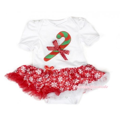 Xmas White Baby Bodysuit Jumpsuit Red Snowflakes Pettiskirt with Christmas Stick Print & Minnie Dots Bow JS1521 