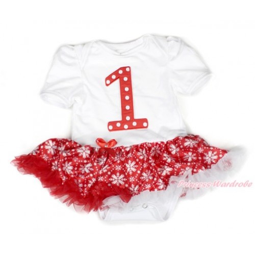 Xmas White Baby Bodysuit Jumpsuit Red Snowflakes Pettiskirt with 1st Red White Dots Birthday Number Print JS1522 