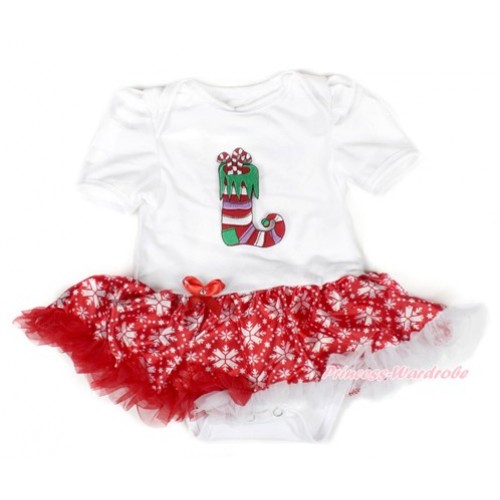 Xmas White Baby Bodysuit Jumpsuit Red Snowflakes Pettiskirt with Christmas Stocking Print JS1527 