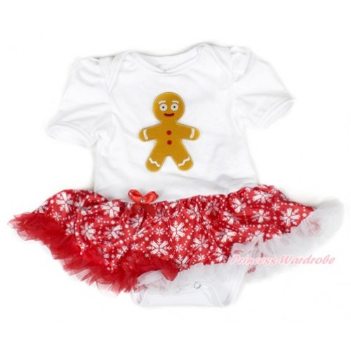 Xmas White Baby Bodysuit Jumpsuit Red Snowflakes Pettiskirt with Brown Gingerbread Man Print JS1528 