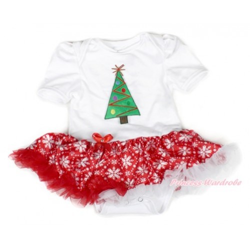 Xmas White Baby Bodysuit Jumpsuit Red Snowflakes Pettiskirt with Christmas Tree Print JS1529 