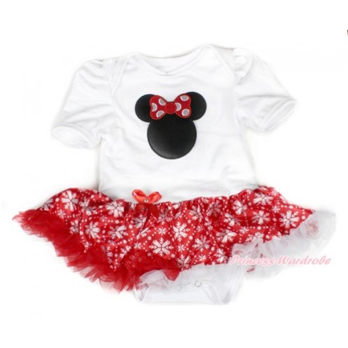 Xmas White Baby Bodysuit Jumpsuit Red Snowflakes Pettiskirt with Minnie Print JS1531 