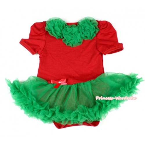 Xmas Red Baby Jumpsuit Kelly Green Pettiskirt with Kelly Green Rosettes JS1549 