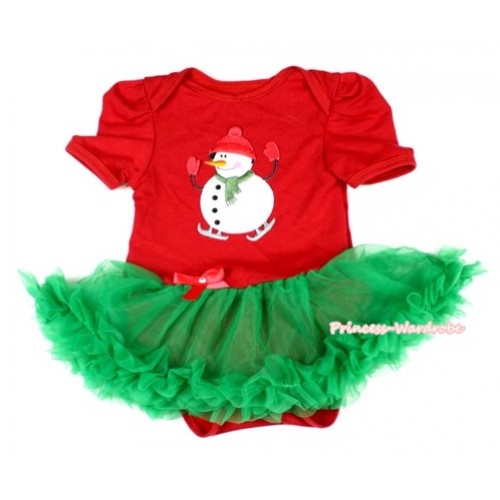 Xmas Red Baby Jumpsuit Kelly Green Pettiskirt with Ice-Skating Snowman Print JS1551 