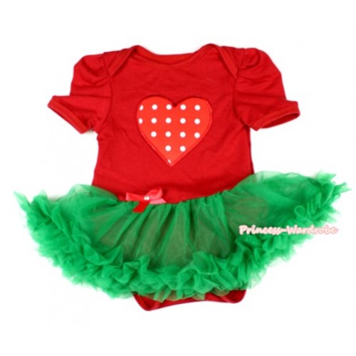 Xmas Red Baby Jumpsuit Kelly Green Pettiskirt with Red White Dots Heart Print JS1552 