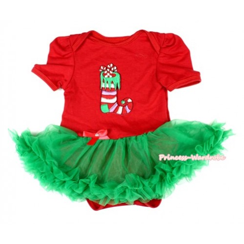 Xmas Red Baby Jumpsuit Kelly Green Pettiskirt with Christmas Stocking Print JS1556 