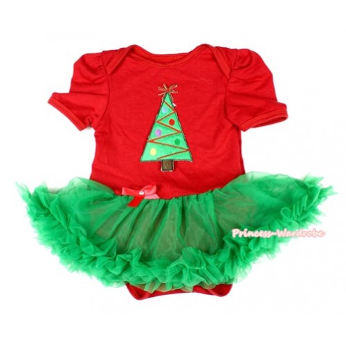 Xmas Red Baby Bodysuit Jumpsuit Kelly Green Pettiskirt with Christmas Tree Print JS1558 