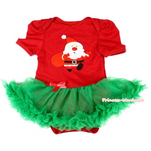 Xmas Red Baby Bodysuit Jumpsuit Kelly Green Pettiskirt with Gift Bag Santa Claus Print JS1560 