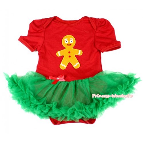 Xmas Red Baby Bodysuit Jumpsuit Kelly Green Pettiskirt with Brown Gingerbread Man Print JS1561 