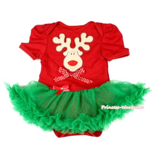 Xmas Red Baby Bodysuit Jumpsuit Kelly Green Pettiskirt with Christmas Reindeer Print & Minnie Dots Bow JS1562 