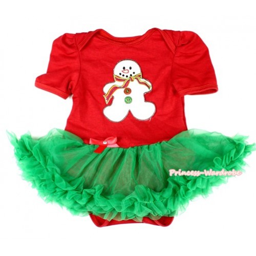 Xmas Red Baby Bodysuit Jumpsuit Kelly Green Pettiskirt with Christmas Gingerbread Snowman Print JS1563 