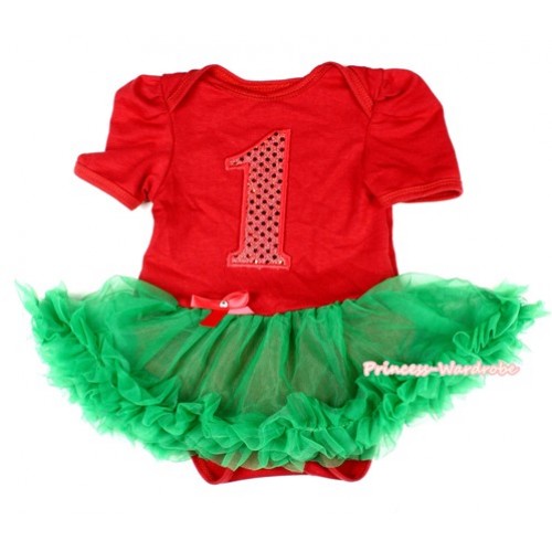 Xmas Red Baby Bodysuit Jumpsuit Kelly Green Pettiskirt with 1st Sparkle Red Birthday Number Print JS1566 