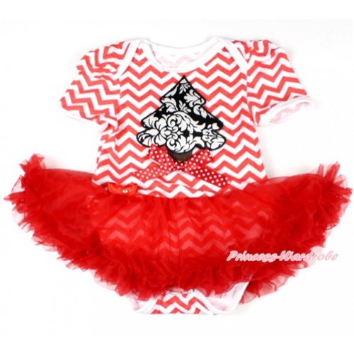 Xmas Red White Wave Baby Bodysuit Jumpsuit Red Pettiskirt with Damask Christmas Tree Print & Minnie Dots Bow JS1570 