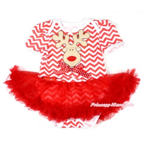 Xmas Red White Wave Baby Bodysuit Jumpsuit Red Pettiskirt with Christmas Reindeer Print & Minnie Dots Bow JS1571 