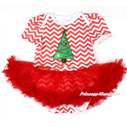 Xmas Red White Wave Baby Bodysuit Jumpsuit Red Pettiskirt with Christmas Tree Print JS1575 