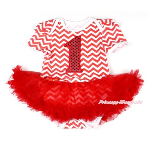 Xmas Red White Wave Baby Bodysuit Jumpsuit Red Pettiskirt with 1st Sparkle Red Birthday Number Print JS1577 