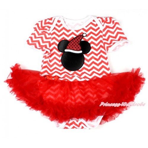 Xmas Red White Wave Baby Bodysuit Jumpsuit Red Pettiskirt with Christmas Minnie Print JS1578 