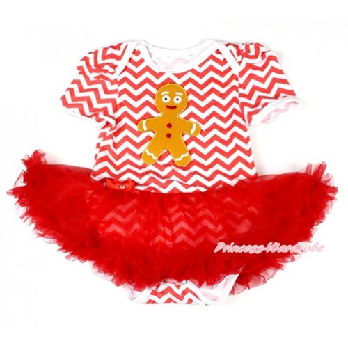 Xmas Red White Wave Baby Bodysuit Jumpsuit Red Pettiskirt with Brown Gingerbread Man Print JS1580 