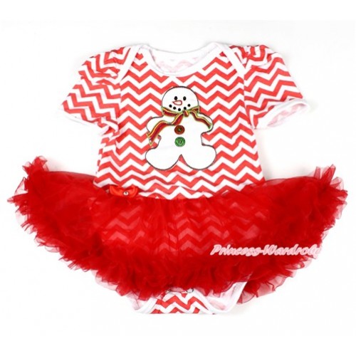 Xmas Red White Wave Baby Bodysuit Jumpsuit Red Pettiskirt with Christmas Gingerbread Snowman Print JS1581 