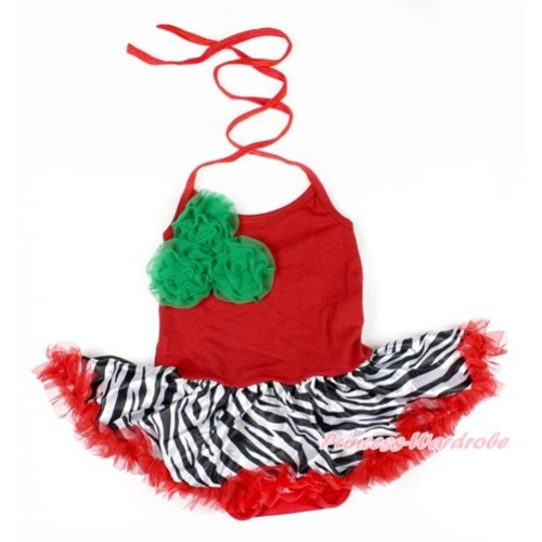 Red Baby Bodysuit Halter Jumpsuit Red Zebra Pettiskirt With Bunch Of Kelly Green Rosettes JS1618 