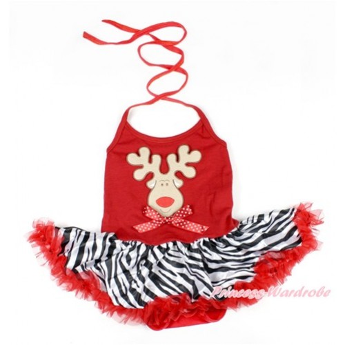 Xmas Red Baby Bodysuit Halter Jumpsuit Red Zebra Pettiskirt With Christmas Reindeer Print & Minnie Dots Bow JS1619 