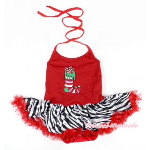 Xmas Red Baby Bodysuit Halter Jumpsuit Red Zebra Pettiskirt With Christmas Stocking Print JS1620 