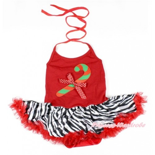 Xmas Red Baby Bodysuit Halter Jumpsuit Red Zebra Pettiskirt With Christmas Stick Print & Minnie Dots Bow JS1621 