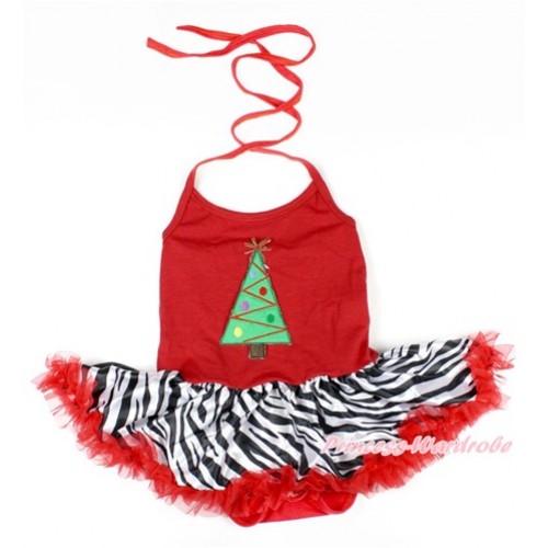 Xmas Red Baby Bodysuit Halter Jumpsuit Red Zebra Pettiskirt With Christmas Tree Print  JS1623 