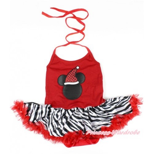 Xmas Red Baby Bodysuit Halter Jumpsuit Red Zebra Pettiskirt With Christmas Minnie Print  JS1628 