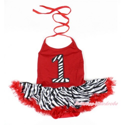 Red Baby Bodysuit Halter Jumpsuit Red Zebra Pettiskirt With 1st Zebra Birthday Number Print  JS1629 