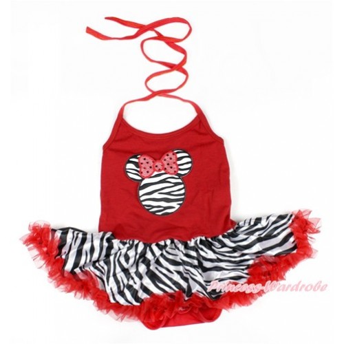 Red Baby Bodysuit Halter Jumpsuit Red Zebra Pettiskirt With Sparkle Red Zebra Minnie Print  JS1630 