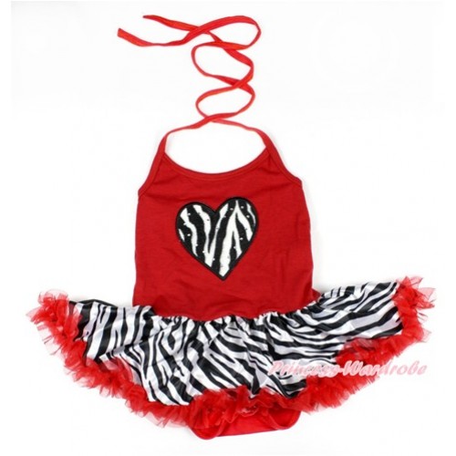 Red Baby Bodysuit Halter Jumpsuit Red Zebra Pettiskirt With Zebra Heart Print  JS1631 