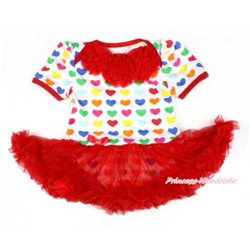 Rainbow Heart Baby Bodysuit Jumpsuit Red Pettiskirt with Red Rosettes JS1652 