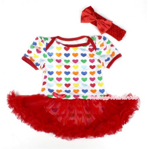 Rainbow Heart Baby Bodysuit Jumpsuit Red Pettiskirt With Red Headband Red Satin Bow JS1738 