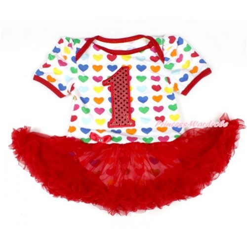 Rainbow Heart Baby Bodysuit Jumpsuit Red Pettiskirt with 1st Sparkle Red Birthday Number Print JS1656 