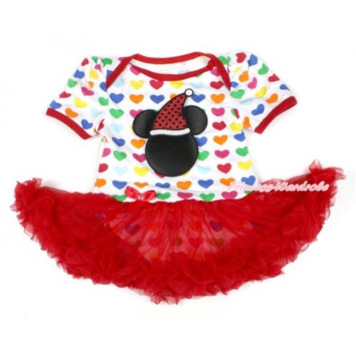 Xmas Rainbow Heart Baby Bodysuit Jumpsuit Red Pettiskirt with Christmas Minnie Print JS1657 