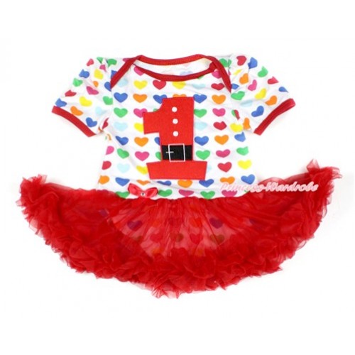 Xmas Rainbow Heart Baby Bodysuit Jumpsuit Red Pettiskirt with 1st Santa Claus Birthday Number Print JS1658 