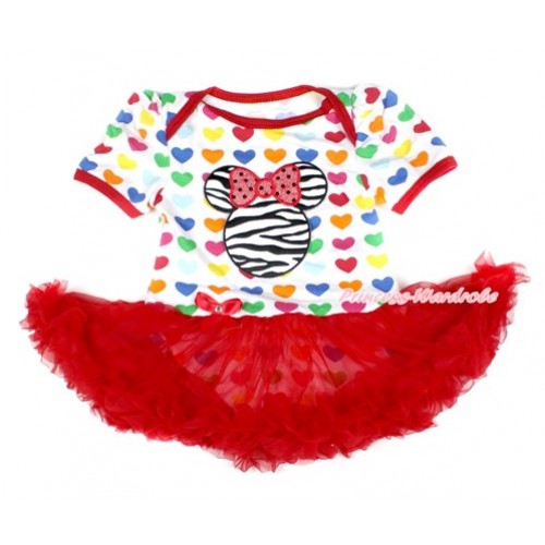 Rainbow Heart Baby Bodysuit Jumpsuit Red Pettiskirt with Sparkle Red Zebra Minnie Print JS1659 