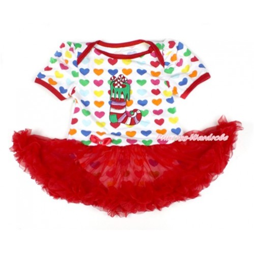 Xmas Rainbow Heart Baby Bodysuit Jumpsuit Red Pettiskirt with Christmas Stocking Print JS1660 