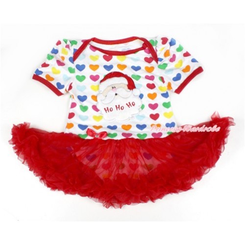 Xmas Rainbow Heart Baby Bodysuit Jumpsuit Red Pettiskirt with Santa Claus Print JS1661 