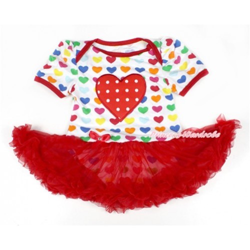 Rainbow Heart Baby Bodysuit Jumpsuit Red Pettiskirt with Red White Polka Dots Heart Print JS1662 