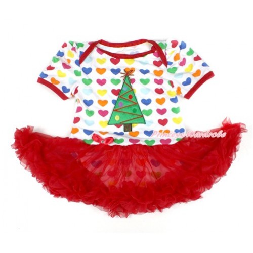 Xmas Rainbow Heart Baby Bodysuit Jumpsuit Red Pettiskirt with Christmas Tree Print JS1663 