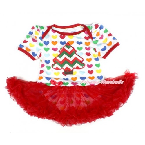 Xmas Rainbow Heart Baby Bodysuit Jumpsuit Red Pettiskirt with Red White Green Wave Christmas Tree Print JS1664 