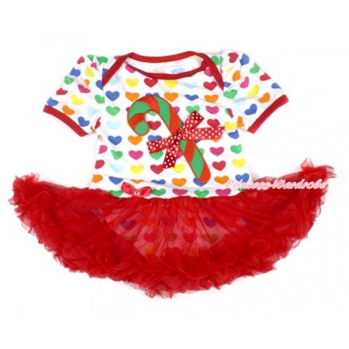 Xmas Rainbow Heart Baby Bodysuit Jumpsuit Red Pettiskirt with Christmas Stick Print & Minnie Dots Bow JS1665 