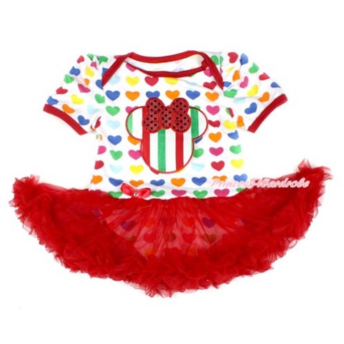 Xmas Rainbow Heart Baby Bodysuit Jumpsuit Red Pettiskirt with Red White Green Striped Minnie Print JS1666 