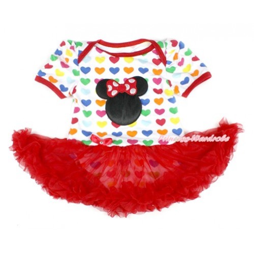 Rainbow Heart Baby Bodysuit Jumpsuit Red Pettiskirt with Minnie Print JS1667 